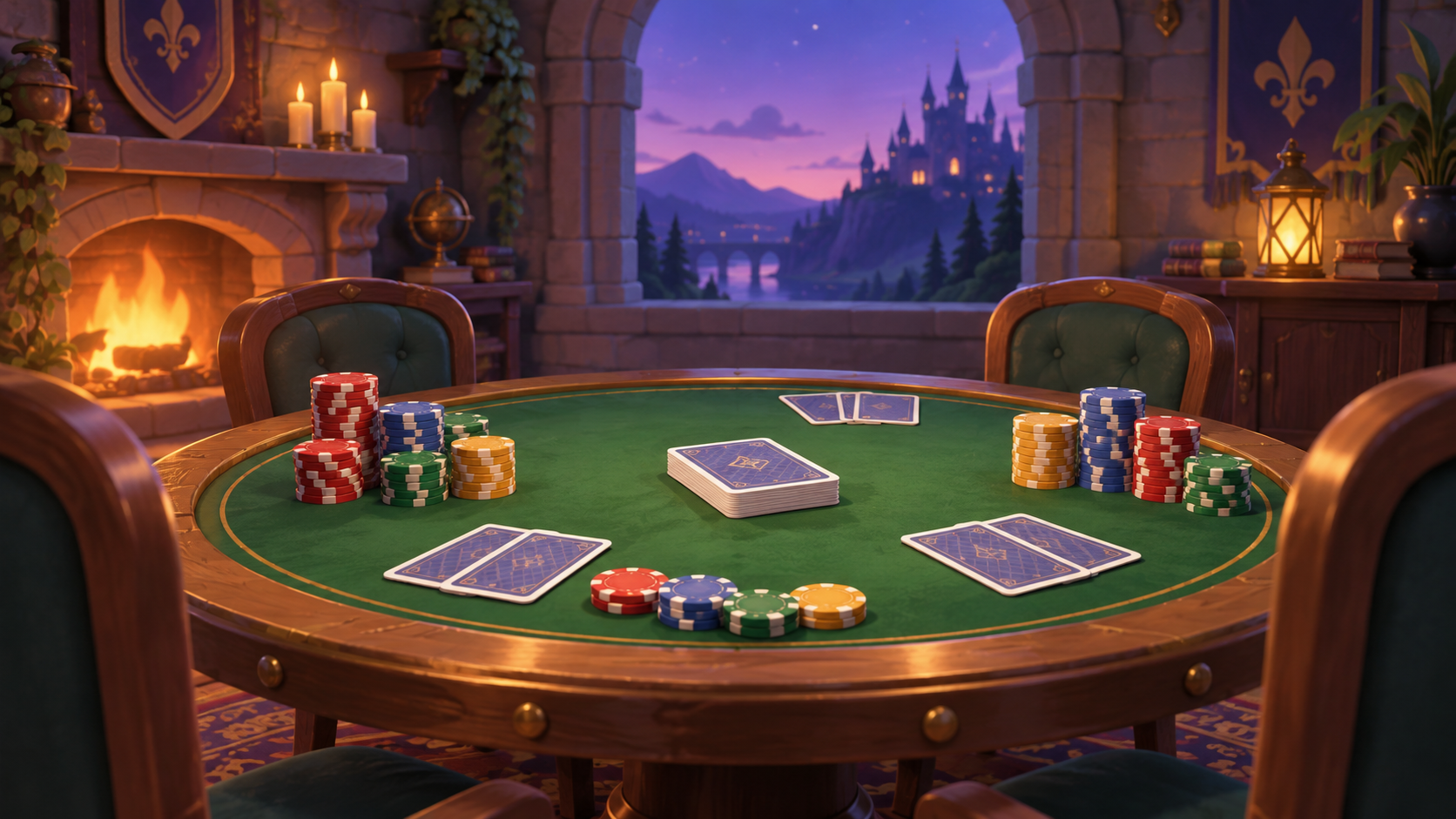 A cozy round card table covered with colorful poker chips and face-down cards in a lantern-lit room overlooking a castle at twilight.