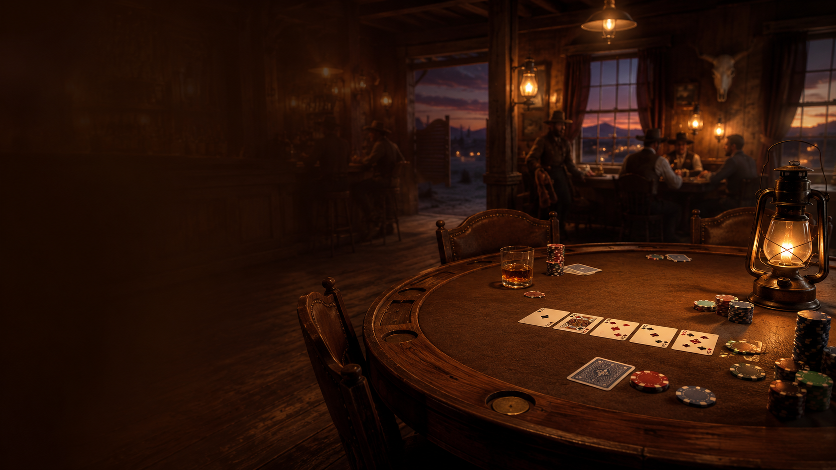A warm old saloon card room with a round poker table, playing cards, poker chips, an oil lantern, and dim figures in the background.