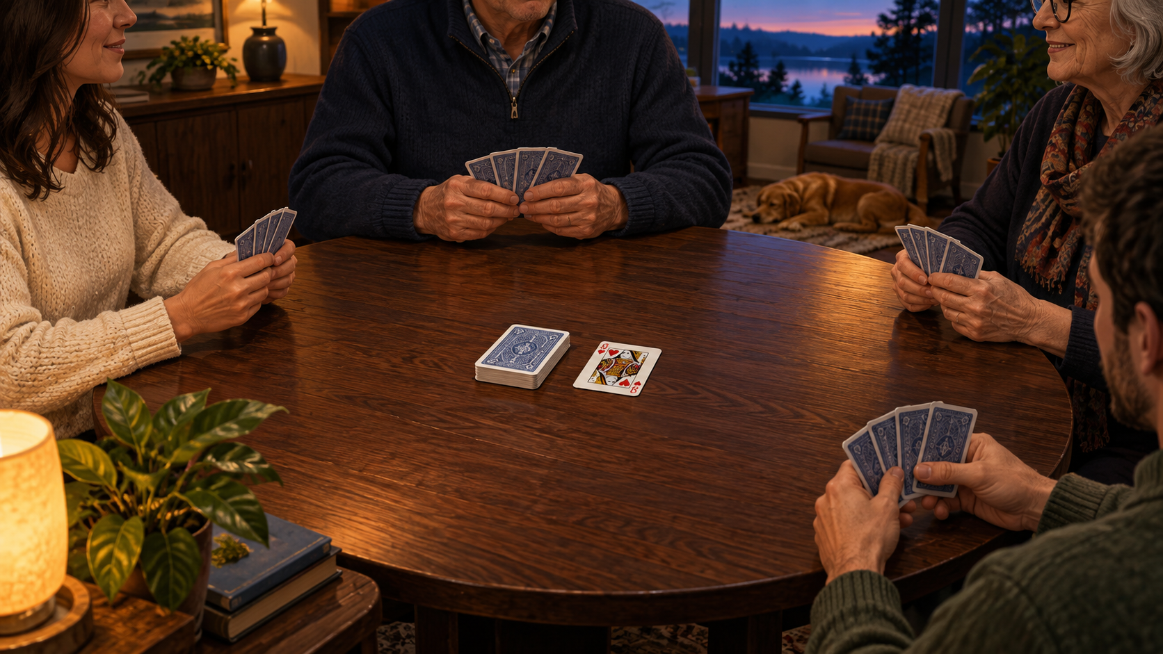 Four people holding cards around a round wooden table, with the kitty and a face-up heart card in the center.