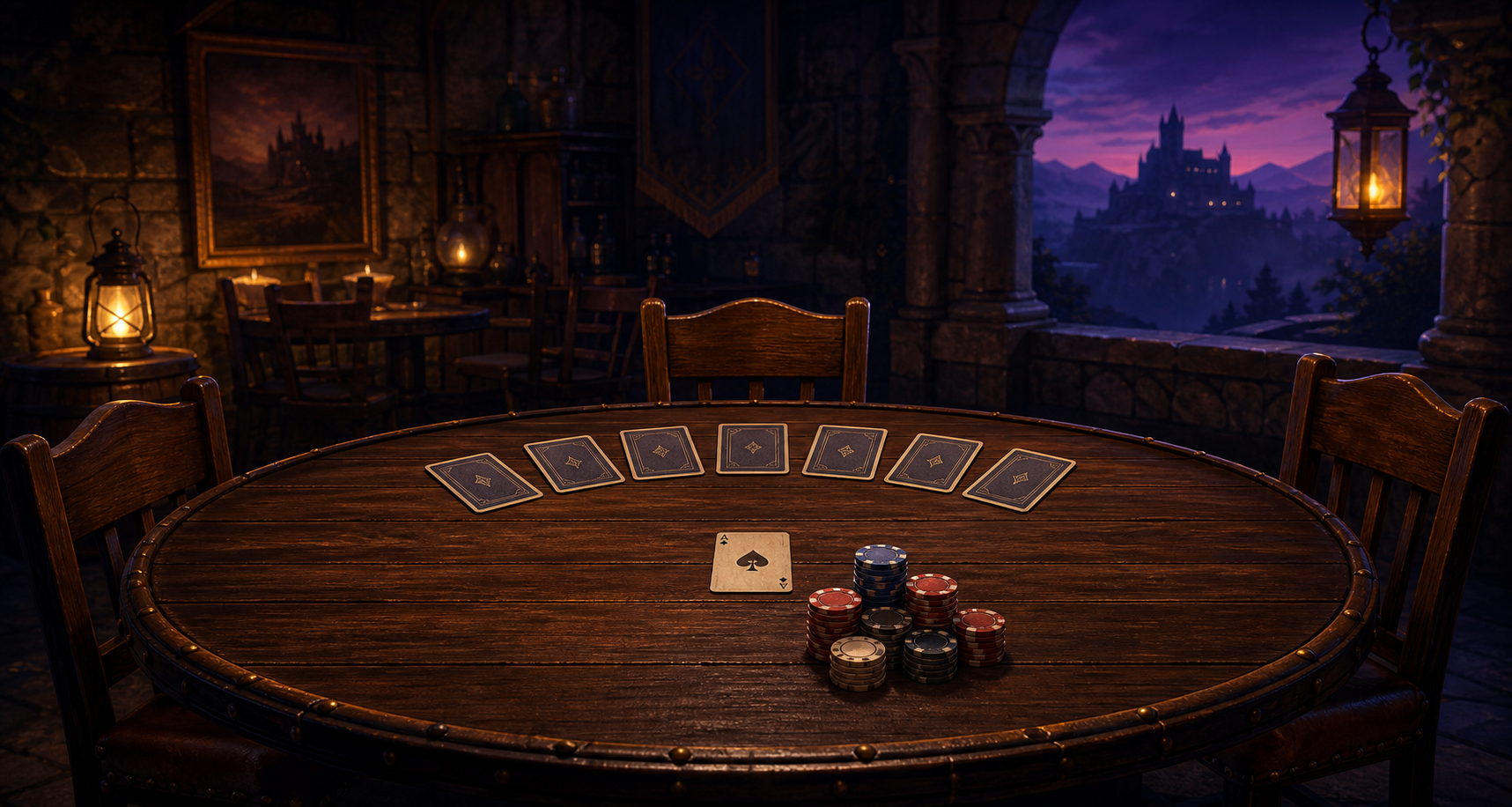 A twilight card room with seven face-down cards, a face-up ace of spades, and poker chips on a round wooden table.