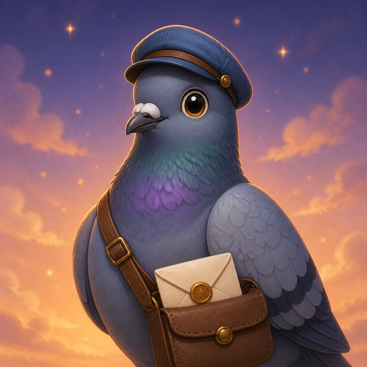 A friendly pigeon courier carrying a letter
