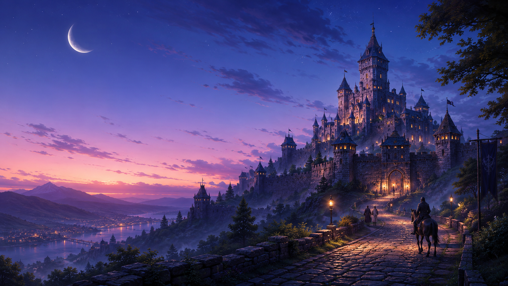 A medieval keep at twilight with a crescent moon, glowing windows, and travelers on a cobblestone road leading to the gate.